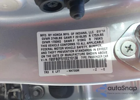 2014 Honda Civic Lx z USA, uszkodzony, nr VIN 19XFB2F51EEZ10138